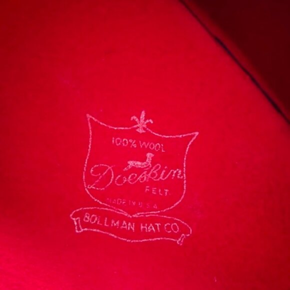 Vintage Doeskin 100% Wool Felt Red Hat Geo. W Bollman & Co with Black Bow 7 1/2\